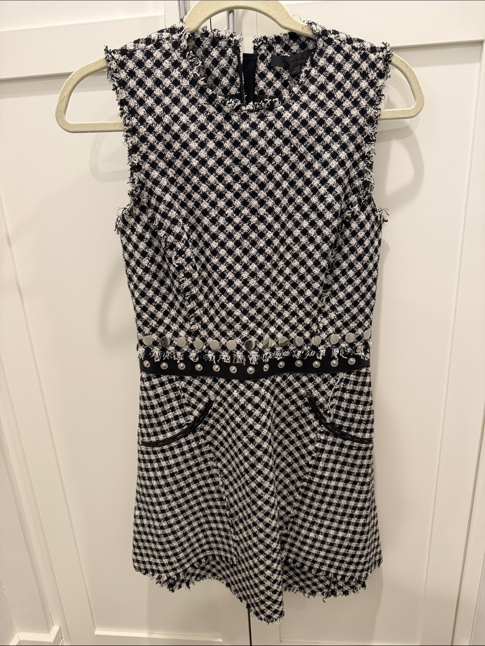Alexander Wang Black & White Gingham Tweed Dress with Decorative Waist